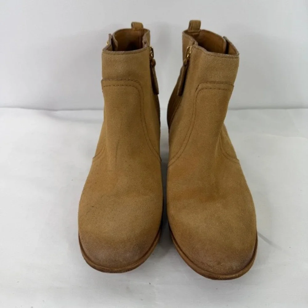 Tory Burch Sabe Tan Suede Ankle Boots Leather Sole Block Heel Brazil 7.5M‎